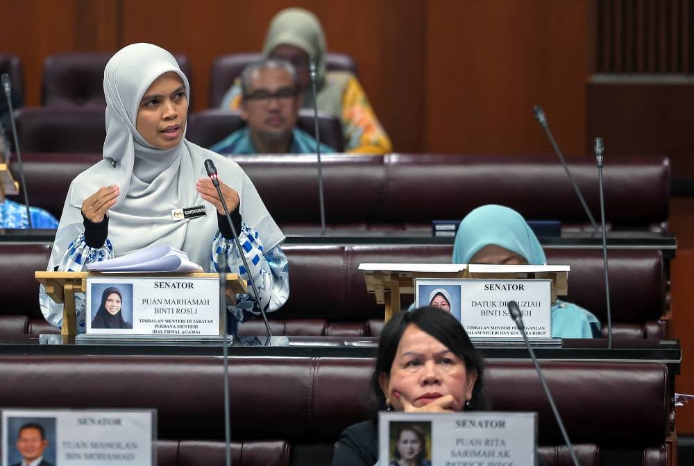 Deputy Minister in the Prime Minister’s Department (Religious Affairs) Marhamah Rosli during Question Time in the Dewan Negara, today. - Photo by Bernama