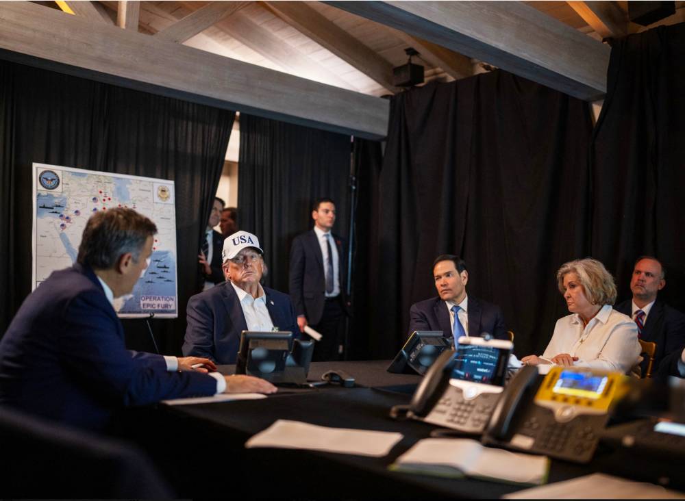 This official White House photograph, made available on February 28, 2026, and released on the White House X account, shows US President Donald Trump (2L), US Secretary of State Marco Rubio (3R) and White House Chief of Staff Susie Wiles (2R) monitoring activity related to “Operation Epic Fury” against Iran from an unnamed location on February 28, 2026. (Photo by The White House / AFP) 