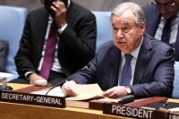 UN Secretary-General Antonio Guterres speaks during a United Nations Security Council meeting on the situation in the Middle East at the UN Headquarters in New York on February 28, 2026. (Photo by CHARLY TRIBALLEAU / AFP)