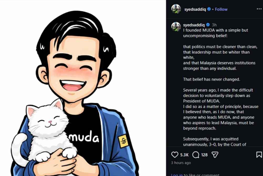 In a statement on his Instagram account on Monday, the former Muda president emphasised that he would step back from seeking any position until his name is fully and finally cleared. Screenshot Syed Saddiq Instagram/ @syedsaddiq