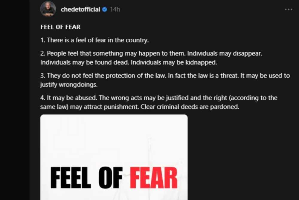 In a post shared on his Threads account on Monday, Dr Mahathir said there was a growing sense of unease among the public, with fears that individuals could disappear, be kidnapped or even be found dead. - Photo: @chedetofficial / Threads