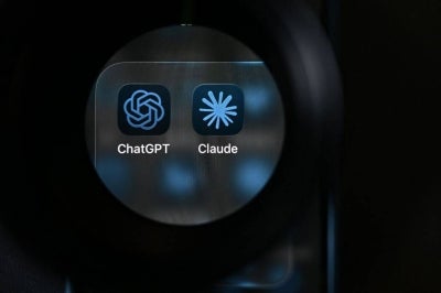 Artificial intelligence (AI) assistants ChatGPT by US Company OpenAI and Claude by US AI safety and research company Anthropic displayed on a smartphone's screen. Photo by Nicolas Tucat/AFP