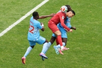 Cristiano Ronaldo #7 of Portugal competes for a header against Chancel Mbemba #22 and Axel Tuanzebe #4 of Congo DR during the FIFA World Cup 2026 Group K match between Portugal and Congo DR at Houston Stadium. Photo: Getty Images/AFP