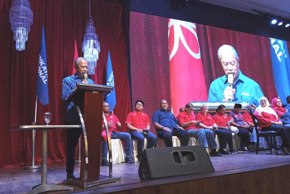 Muhyiddin speaking at the Bersatu Johor PRN machinery launch at the SLF Ballroom, Bakri, here on Sunday.