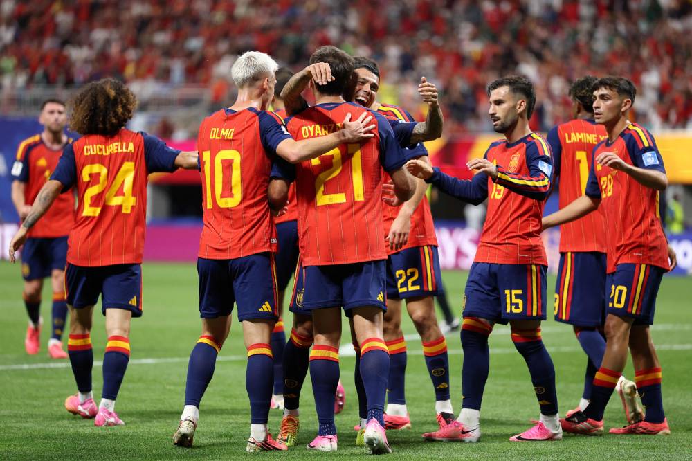 ATLANTA, GEORGIA - JUNE 21: Mikel Oyarzabal #21 of Spain celebrates scoring his team's third goal during the FIFA World Cup 2026 Group H match between Spain and Saudi Arabia at Atlanta Stadium on June 21, 2026 in Atlanta, Georgia. (Photo by Justin Setterfield / AFP)