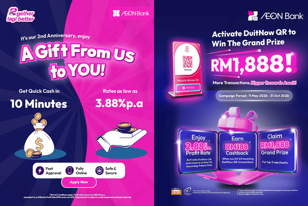 Under its Merchant DuitNow QR adoption campaign running until Oct 31, 2026, eligible merchants can enjoy a promotional profit rate of 2.88 per cent per annum, cashback rewards and a top prize of RM1,888.