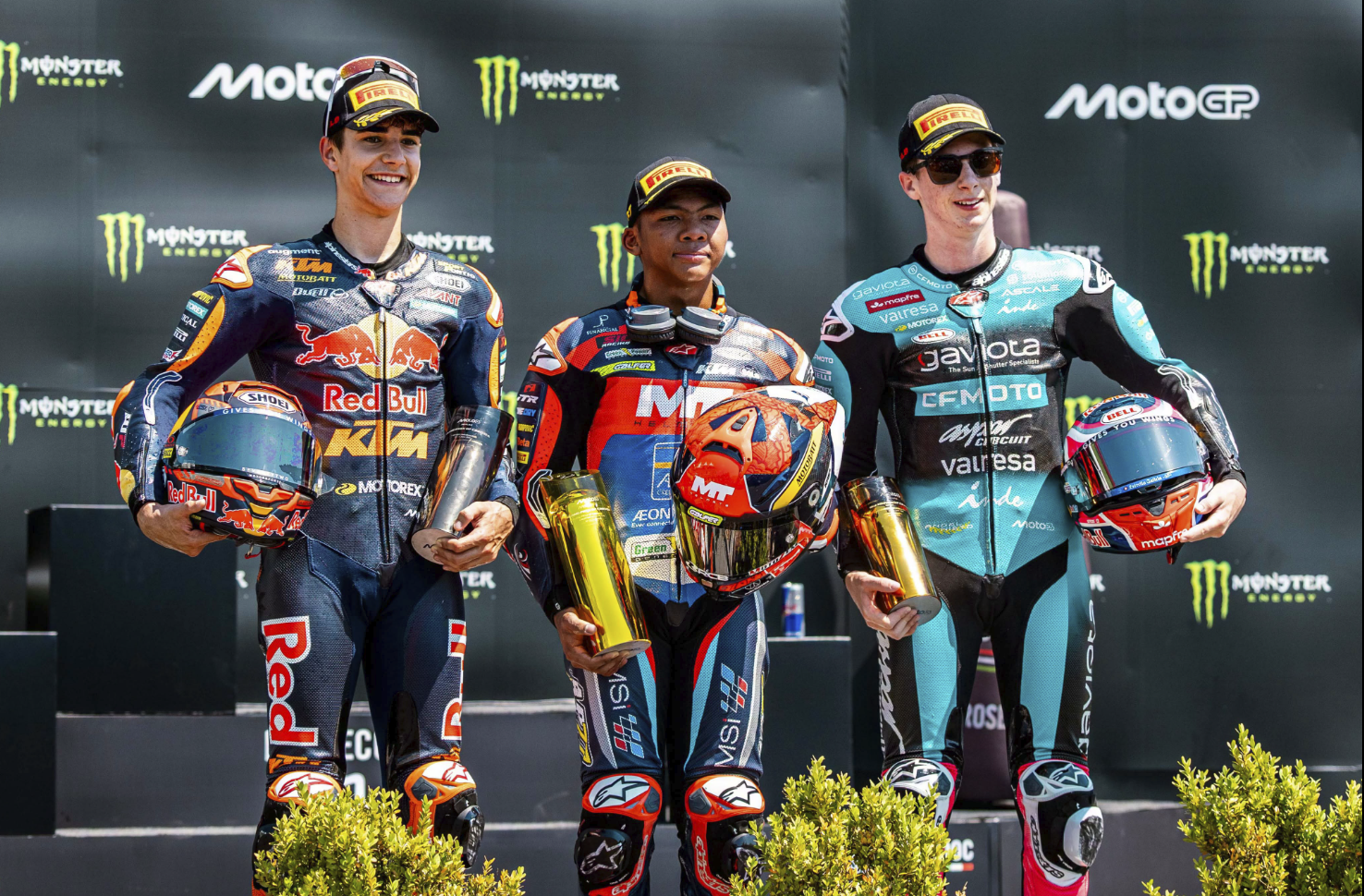 Less than a week after creating a sensation with his maiden Moto3 victory at the Czech Republic Grand Prix (GP), young national rider Muhammad Hakim Danish Ramli (middle) chose not to dwell on the success he achieved last Sunday for too long. - Photo: HAKIM DANISH / FACEBOOK