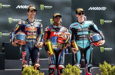 Less than a week after creating a sensation with his maiden Moto3 victory at the Czech Republic Grand Prix (GP), young national rider Muhammad Hakim Danish Ramli (middle) chose not to dwell on the success he achieved last Sunday for too long. - Photo: HAKIM DANISH / FACEBOOK
