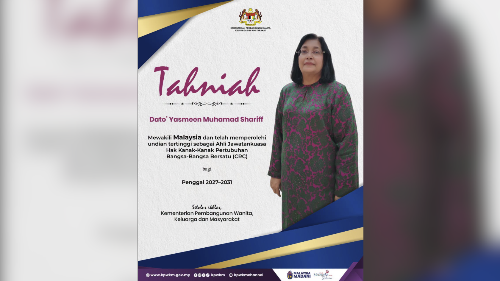 Malaysian lawyer and child rights advocate Datuk Yasmeen Muhamad Shariff has been re-elected to the UN Committee on the Rights of the Child for the 2027-2031 term after securing the highest number of votes in yesterday's election. - Photo: Women, Family and Community Development Ministry (KPWKM) / FACEBOOK