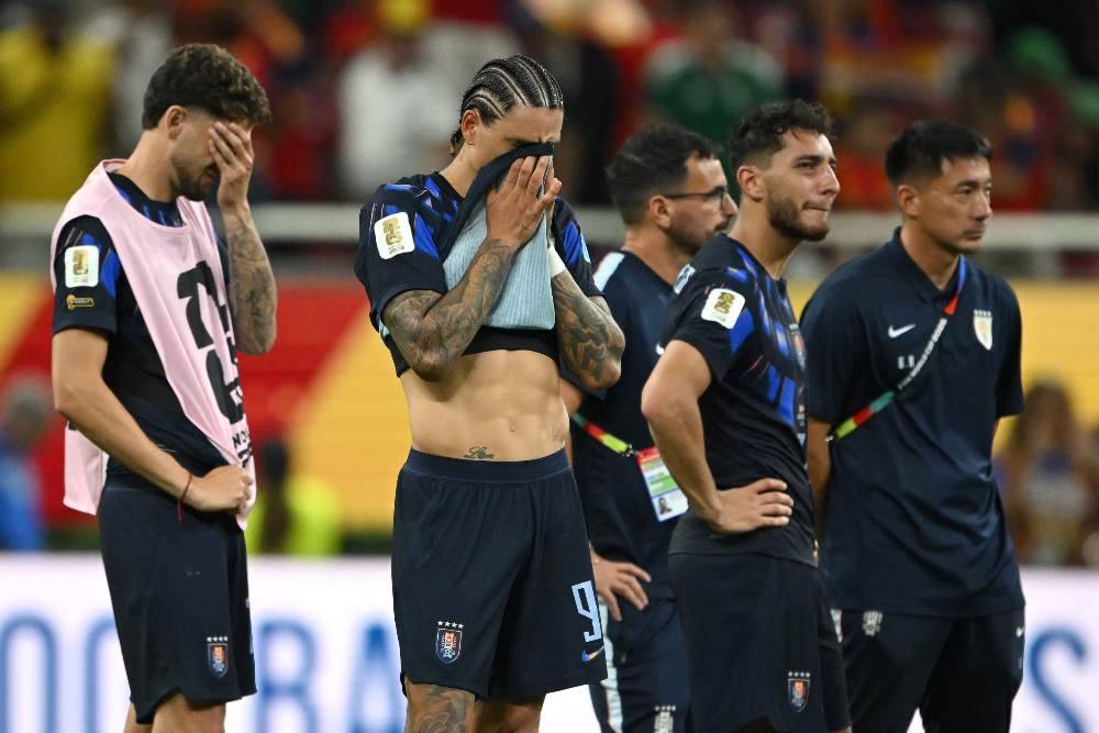 Uruguay's forward #09 Darwin Nunez reacts after losing the 2026 World Cup Group H football match between Uruguay and Spain at the Guadalajara Stadium in Zapopan. Photo by Carl De Souza/AFP