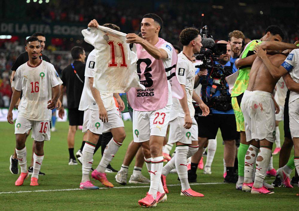 Morocco's midfielder #23 Bilal El Khannouss celebrates after winning the penalty shootout of the 2026 World Cup round of 32 football match between the Netherlands and Morocco at the Monterrey Stadium in Guadalupe on June 29, 2026. Photo by AFP