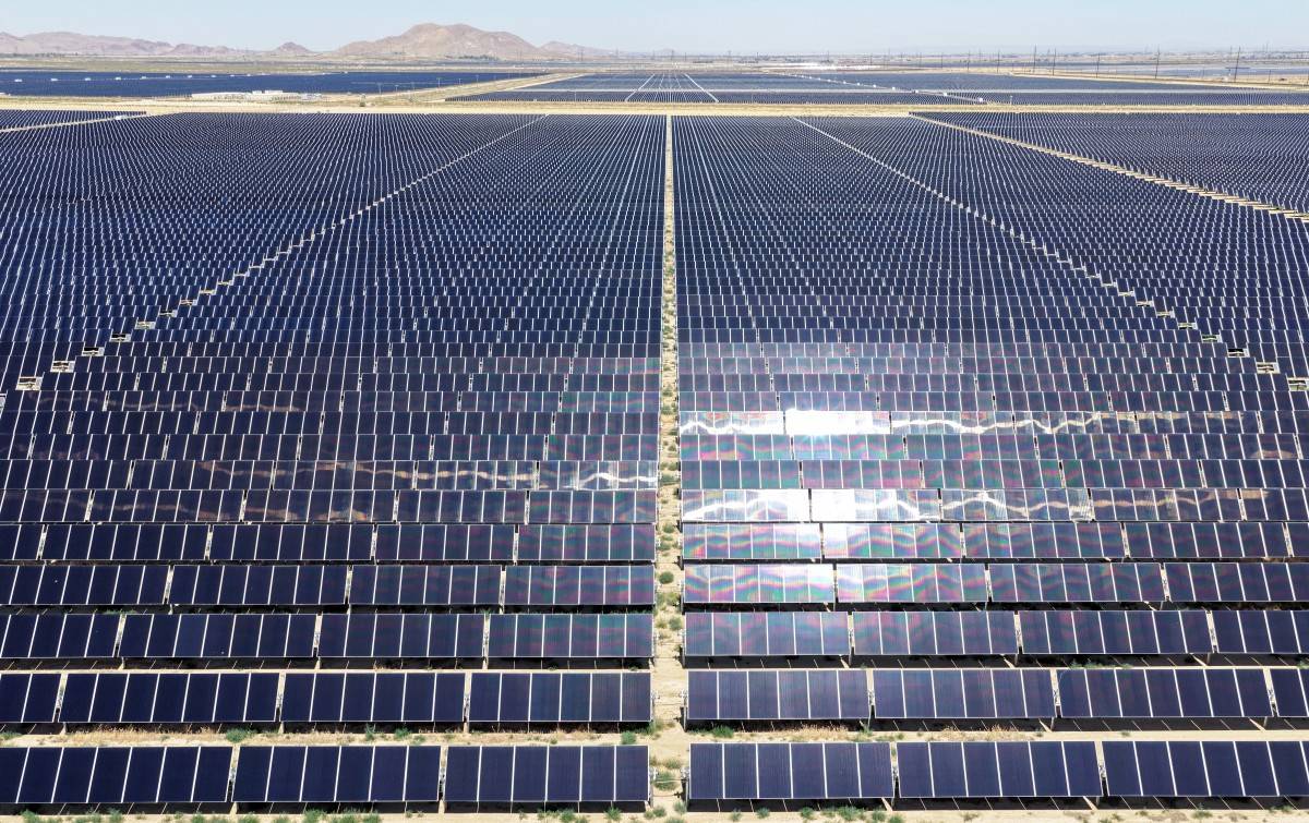 An aerial view of a solar panel array at a solar farm. AFP photo.