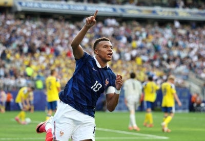 Kylian Mbappe #10 of France celebrates scoring his team's third goal during the FIFA World Cup 2026 Round Of 32 match between France and Sweden at New York New Jersey Stadium. Photo by AFP