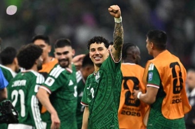 Mexico's defender #02 Jorge Sanchez celebrates after winning the 2026 World Cup round of 32 football match between Mexico and Ecuador at the Mexico City Stadium in Mexico City. Photo by AFP
