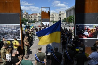 During the farewell ceremony on Independence Square in Kyiv on July 6, 2024, amid the Russian invasion of Ukraine. (Photo by Genya SAVILOV / AFP)