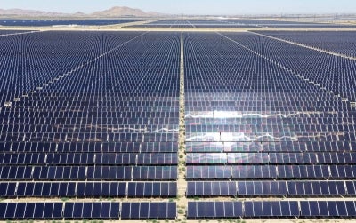 An aerial view of a solar panel array at a solar farm. AFP photo.