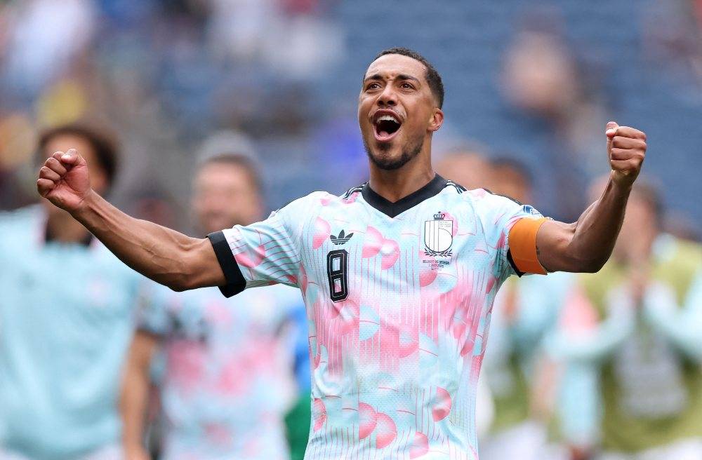 Youri Tielemans #8 of Belgium celebrates after the team's 3-2 victory in the FIFA World Cup 2026 Round Of 32 match between Belgium and Senegal at Seattle Stadium. Photo by Alex Grimm/Getty Images via AFP