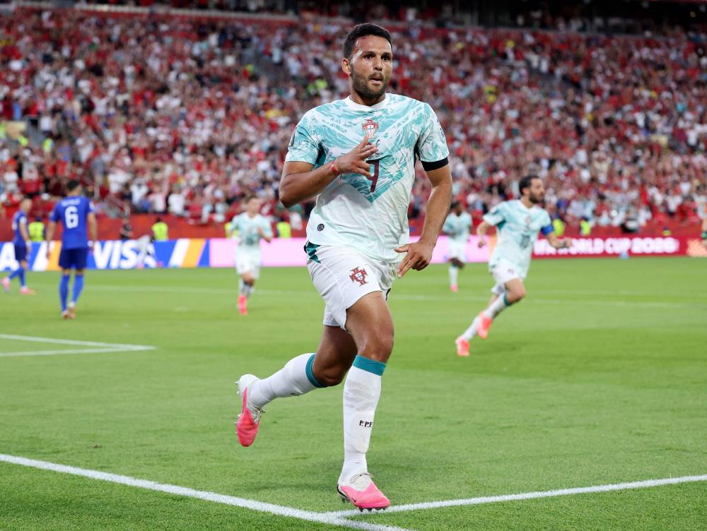 Goncalo Ramos #9 of Portugal celebrates after scoring the team's second goal during the FIFA World Cup 2026 Round of 32 match between Portugal and Croatia at Toronto Stadium. Photo by Dan Mullan/Getty Images via AFP