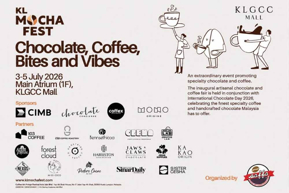 Held from July 3 to 5 in conjunction with International Chocolate Day 2026, the festival is organised by Coffee Art Fringe Festival Asia Sdn Bhd with support from sponsors CIMB Bank, Chocolate Concierge, Coffex Coffee and Mono Origine.