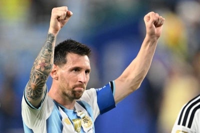 Argentina's forward #10 Lionel Messi celebrates after winning the 2026 World Cup round of 32 football match between Argentina and Cape Verde at the Miami Stadium in Miami Gardens on July 3, 2026. - (Photo by ROBERTO SCHMIDT / AFP)