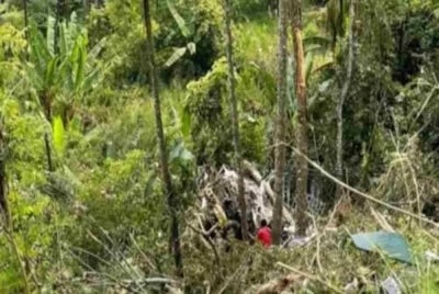 A lorry driver was killed after the 10-tonne lorry he was driving plunged into a 150-foot ravine near the Pos Blau-Lojing Bridge here on Saturday. Photo: Fire and Rescue Department