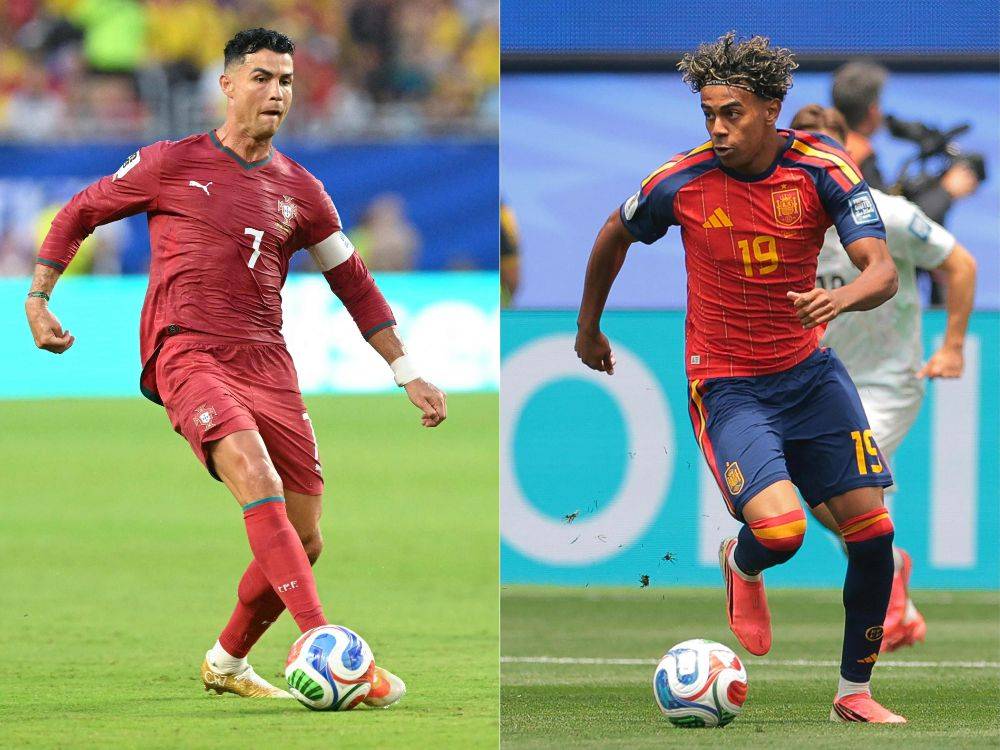 Portugal's forward #07 Cristiano Ronaldo (L) in Miami Gardens and Spain's forward #19 Lamine Yamal at the Los Angeles Stadium in Inglewood during the 2026 World Cup football tournament. Photo by AFP