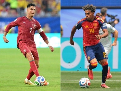 Portugal's forward #07 Cristiano Ronaldo (L) in Miami Gardens and Spain's forward #19 Lamine Yamal at the Los Angeles Stadium in Inglewood during the 2026 World Cup football tournament. Photo by AFP