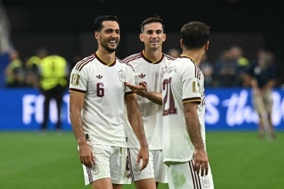 Mikel Merino, (Left) the sole goal scorer in 2026 World Cup round of 16 football match between Portugal and Spain at the Dallas Stadium in Arlington on July 6, 2026. (Photo by Paul ELLIS / AFP)