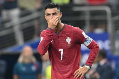 Cristiano Ronaldo on the verge of tears after losing the 2026 World Cup round of 16 football match between Portugal and Spain at the Dallas Stadium in Arlington on July 6, 2026. (Photo by RONALDO SCHEMIDT / AFP)