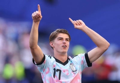 Belgium player, Charles De Ketelaere celebrates as he scores 2 goals for his nation against USA in the round of 16 of the 2026 FIFA World Cup (Photo by Luke Hales / GETTY IMAGES NORTH AMERICA / Getty Images via AFP)