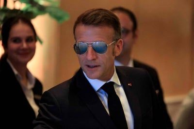 France's President Emmanuel Macron during the meeting with the Syrian civil society in Damascus on July 7, 2026. (Photo by Ludovic MARIN / AFP)