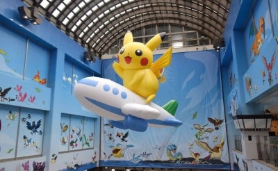 The famous mascot of the Pokemon franchise, Pikachu is one of the many Pokemon inspired decorations of the "Noto Satoyama Pokemon With You Airport" (Photo by JIJI / AFP) / Japan OUT