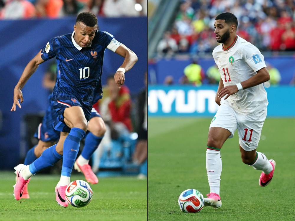 French player Kylian Mbappe (left) and Moroccan player Ismael Saibari (right) (Photo by ROBERTO SCHMIDT and FRANCK FIFE / AFP)