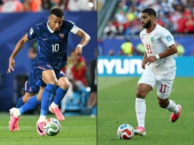 French player Kylian Mbappe (left) and Moroccan player Ismael Saibari (right) (Photo by ROBERTO SCHMIDT and FRANCK FIFE / AFP)