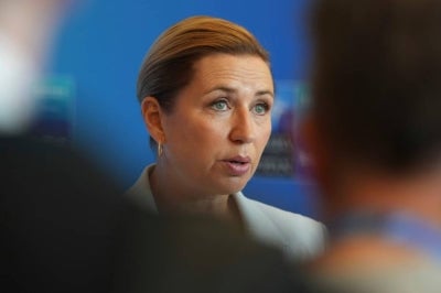 Denmark's Prime Minister Mette Frederiksen speaks with the media as she arrives for the NATO summit in Ankara, on July 8, 2026.(Photo by Alastair Grant / POOL / AFP)