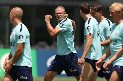Norway's forward #09 Erling Braut Haaland takes part in a training session at the Inter Miami CF Training Facility ahead of their clash against England (Photo by PATRICIA DE MELO MOREIRA / AFP)
