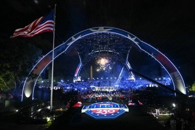 Fireworks go off ahead of the final bout between Georgia's Ilia Topuria and America's Justin Gaethje during the "UFC Freedom 250" mixed martial arts event on the South Lawn of the White House in Washington, DC, in the early morning hours of June 15, 2026. (Photo by AFP)