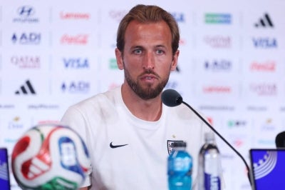Harry Kane in a press conference one day ahead of the FIFA World Cup 2026 Quarter Final match (Photo by Richard Pelham / GETTY IMAGES NORTH AMERICA / Getty Images via AFP)