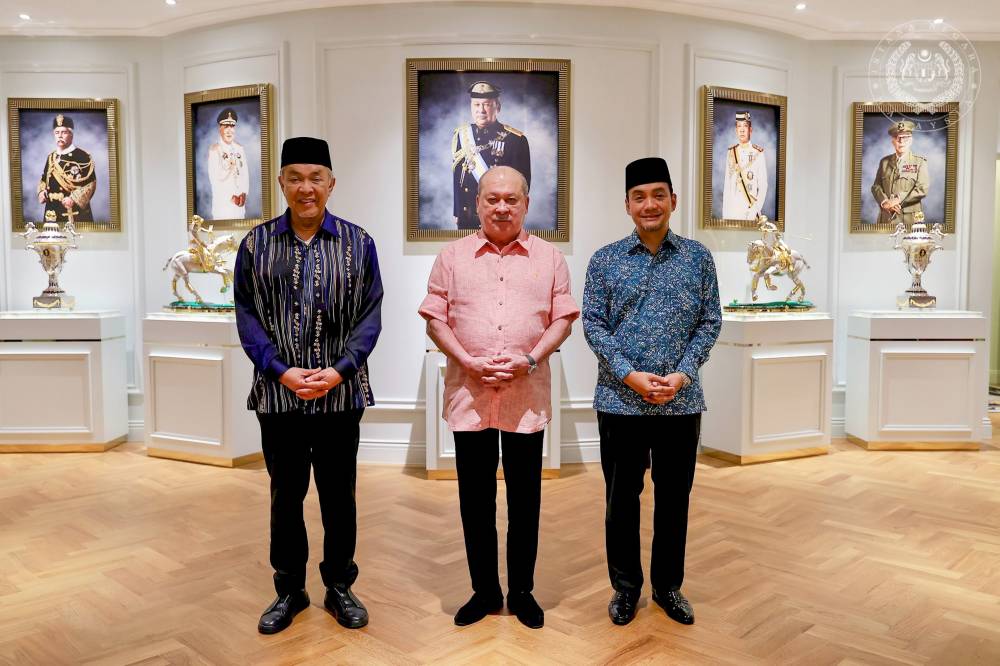 JOHOR BAHRU, July 12 -- His Majesty Sultan Ibrahim, King of Malaysia (centre), poses for a photograph after granting an audience to Barisan Nasional (BN) chairman Datuk Seri Dr Ahmad Zahid Hamidi (left) at Istana Pasir Pelangi today.
--fotoBERNAMA (2026) HAK CIPTA TERPELIHARA
