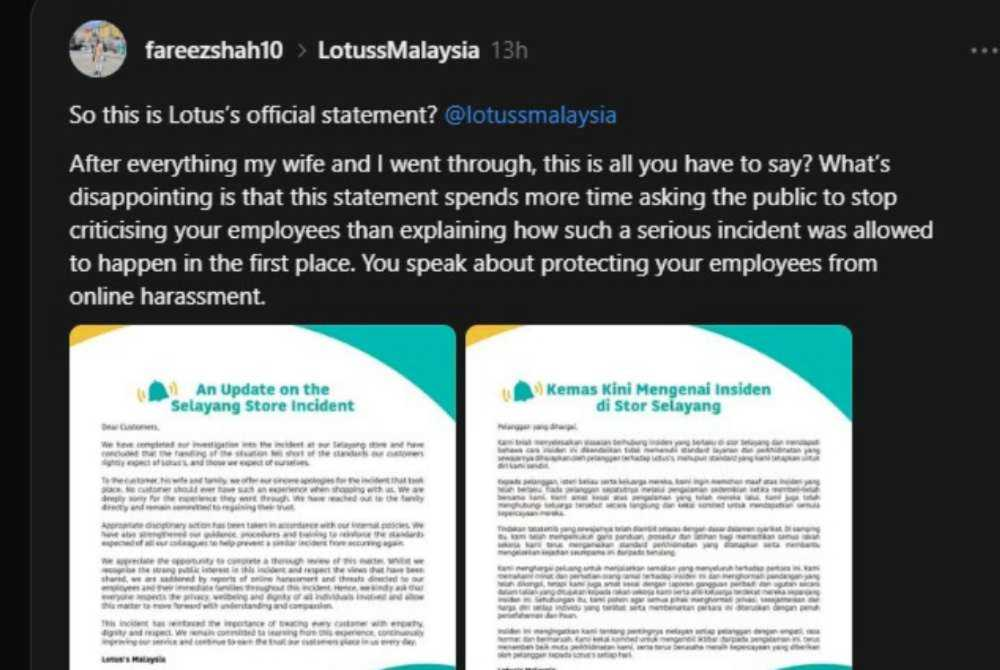 Mohamed Fareez Shah took to social media platform Threads to slam Lotus's Malaysia's apology, calling it nothing more than damage control without transparency. — Screenshots on Threads / @fareezshah10