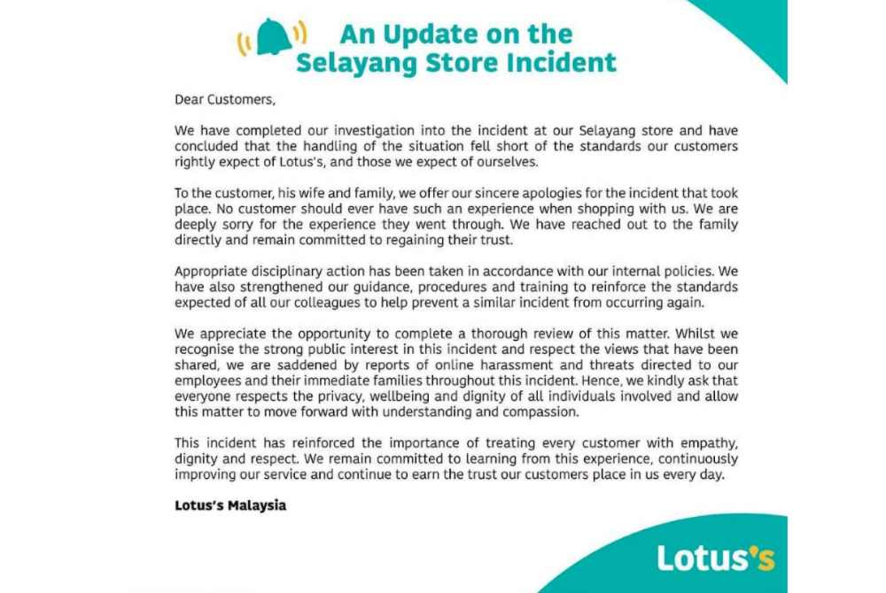 Lotus's Malaysia apologised to the customer and his family after an internal investigation into the Selayang incident found that the situation had been handled below the standards expected by the retailer. - Screenshots on Threads / @fareezshah10