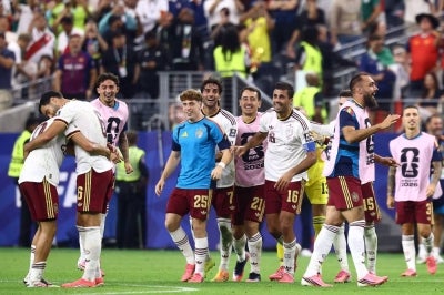 Spain's midfielder #06 Mikel Merino, forward #25 Victor Munoz, forward #07 Ferran Torres, forward #21 Mikel Oyarzabal and midfielder #16 Rodri celebrate after winning the 2026 World Cup football tournament semi-final match between France and Spain at the Dallas Stadium in Arlington. Photo by Charly Triballeau/AFP