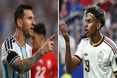 Argentina's forward #10 Lionel Messi in Kansas City on July 11, 2026 (L); and Spain's forward #19 Lamine Yama in Arlington on July 14, 2026. (Photo by Odd ANDERSEN and Paul ELLIS / AFP)