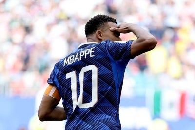 Kylian Mbappe #10 of France celebrates after scoring his team痴 first goal during the FIFA World Cup 2026 Bronze Final between France and England at Miami Stadium. Photo by AFP