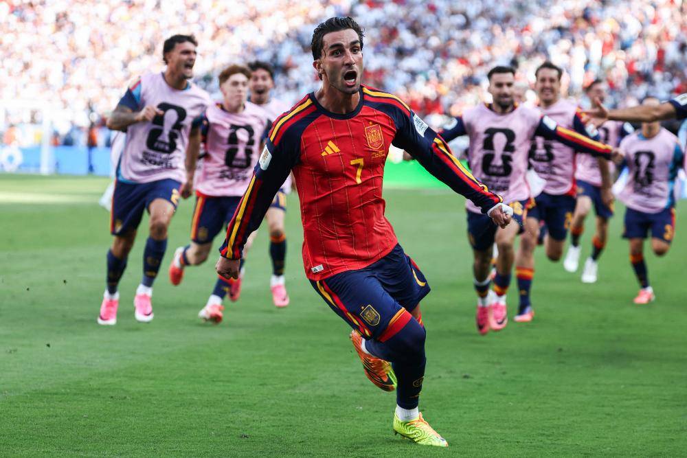 Spain's forward #07 Ferran Torres celebrates scoring his team's first goal during the 2026 World Cup football tournament final match between Spain and Argentina at the New York/New Jersey Stadium in East Rutherford on July 19, 2026. Photo by AFP