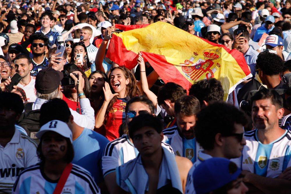 Spain fans react as they watch the 2026 World Cup Final between Spain and Argentina at Central Park in New York on July 19, 2026. Photo by Leonardo Munoz/AFP