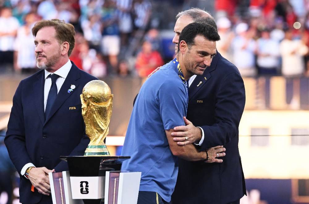 Lionel Scaloni, Head Coach of Argentina, walks past the FIFA World Cup Winner's Trophy after receiving his runner-up medal during the FIFA World Cup 2026 Final match between Spain and Argentina at New York New Jersey Stadium. Photo by AFP