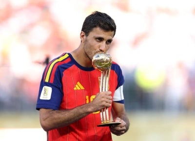 Rodri #16 of Spain is presented with the Golden Ball award after the FIFA World Cup 2026 Final match between Spain and Argentina at New York New Jersey Stadium on July 19, 2026 in East Rutherford, New Jersey. - (Photo by Justin Setterfield / Getty Images via AFP)