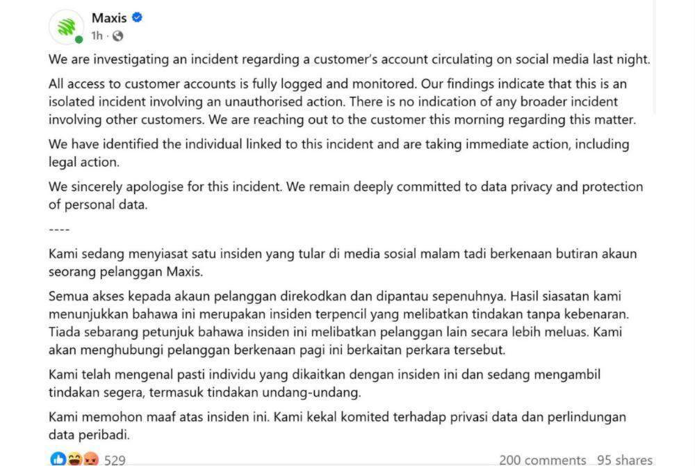 Maxis says it has identified the individual linked to the unauthorised disclosure of entrepreneur and influencer Khairul Aming's account information and is taking immediate action, including legal proceedings. - Credit: Facebook /@maxis