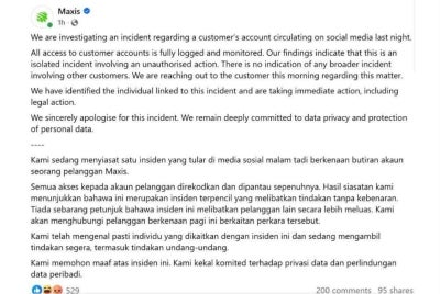 Maxis says it has identified the individual linked to the unauthorised disclosure of entrepreneur and influencer Khairul Aming's account information and is taking immediate action, including legal proceedings. - Credit: Facebook /@maxis